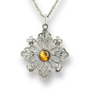 Jerusalem 925 Cross Pendant Center Tiger's Eye with Diamond Cut Chain Necklace
